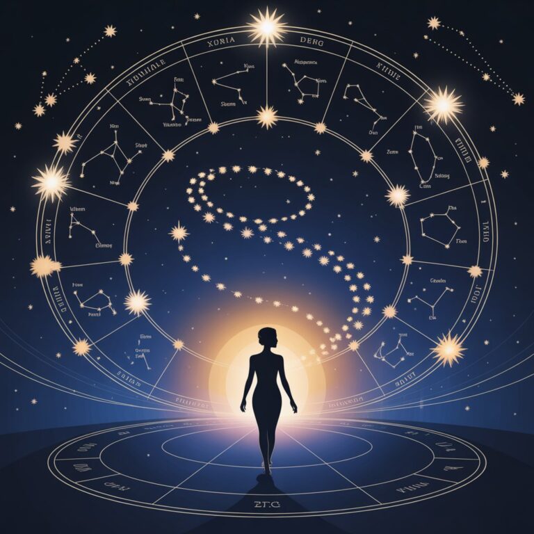 Védská astrologie Džjótiš — zlaté zvěrokruhové symboly a planety na temném kosmickém pozadí