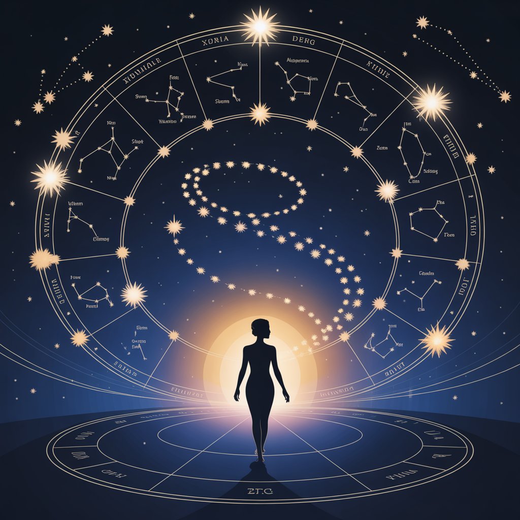 Védská astrologie Džjótiš — zlaté zvěrokruhové symboly a planety na temném kosmickém pozadí